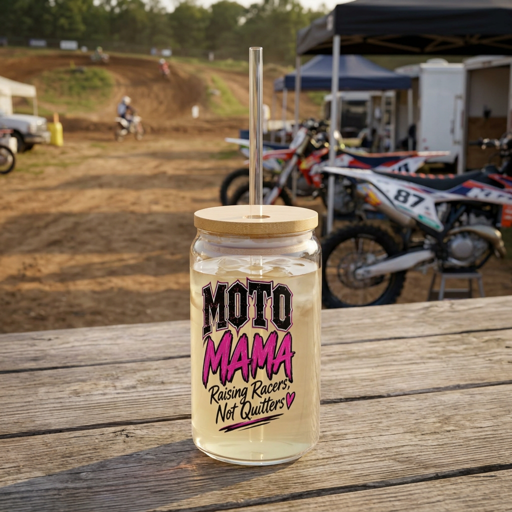 Moto Mama sipper glass trackside mockup