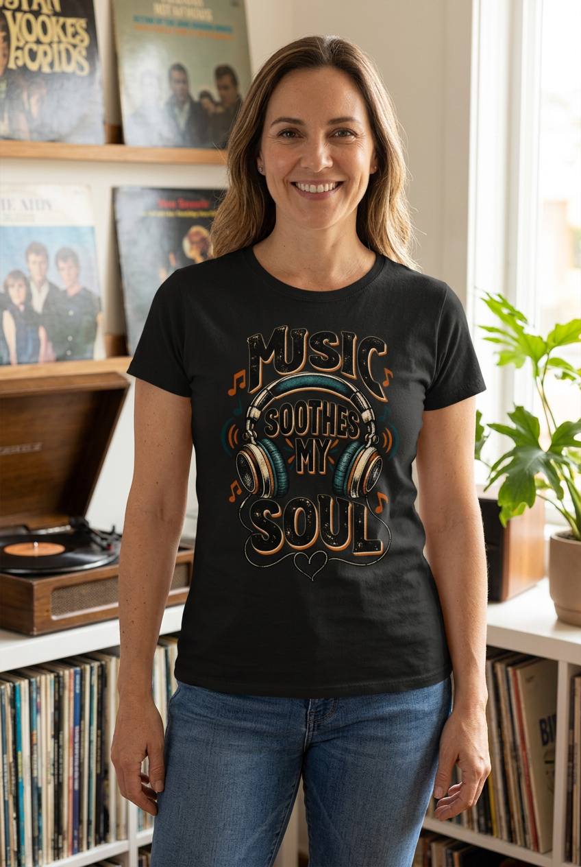 Music Soothes My Soul black tee lifestyle mockup