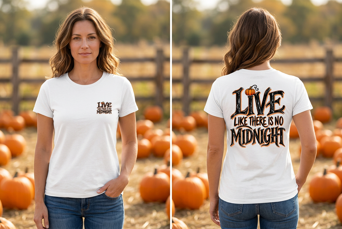 No Midnight tee front-and-back autumn mockup