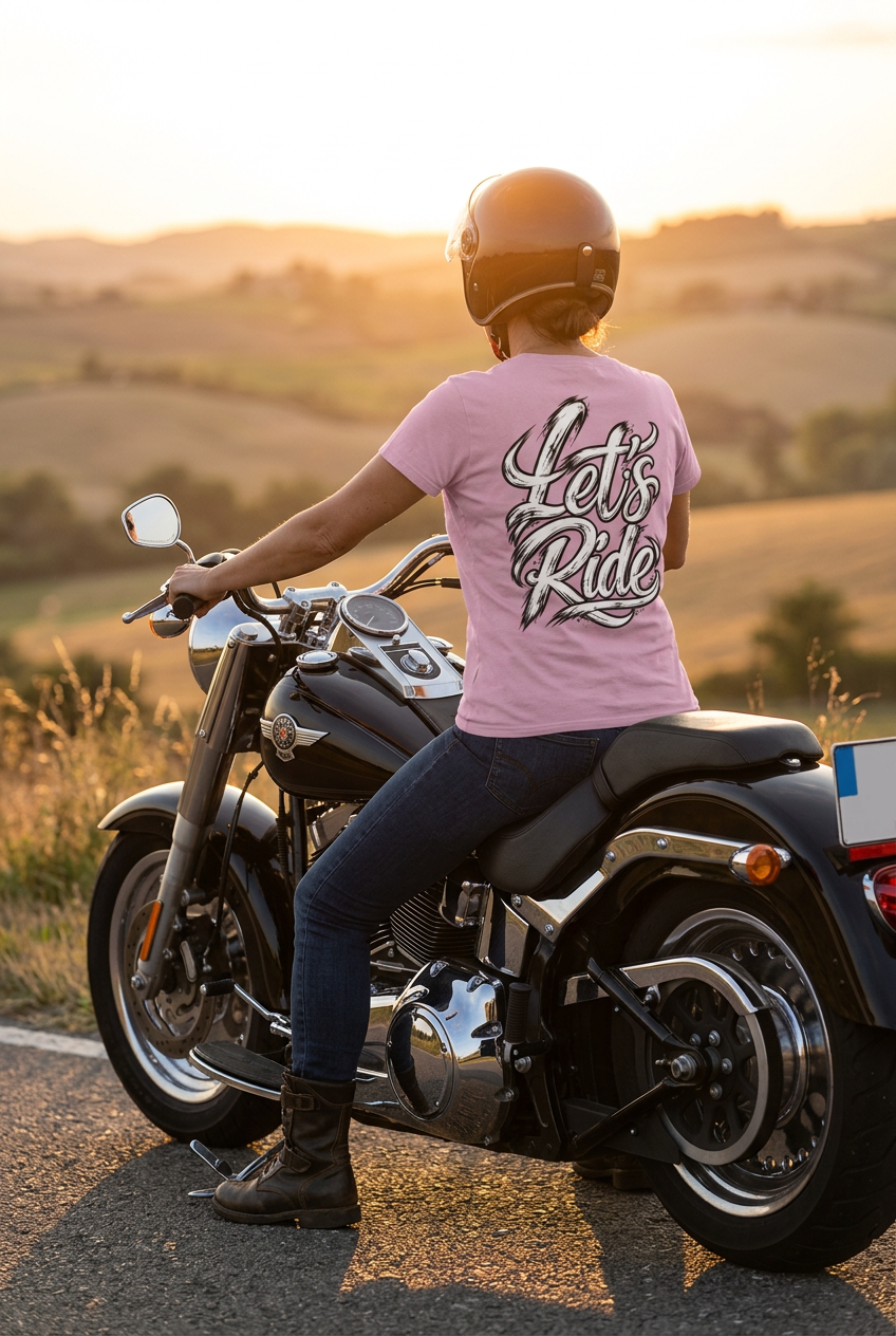 Pink Let’s Ride tee on a woman seated on a Harley