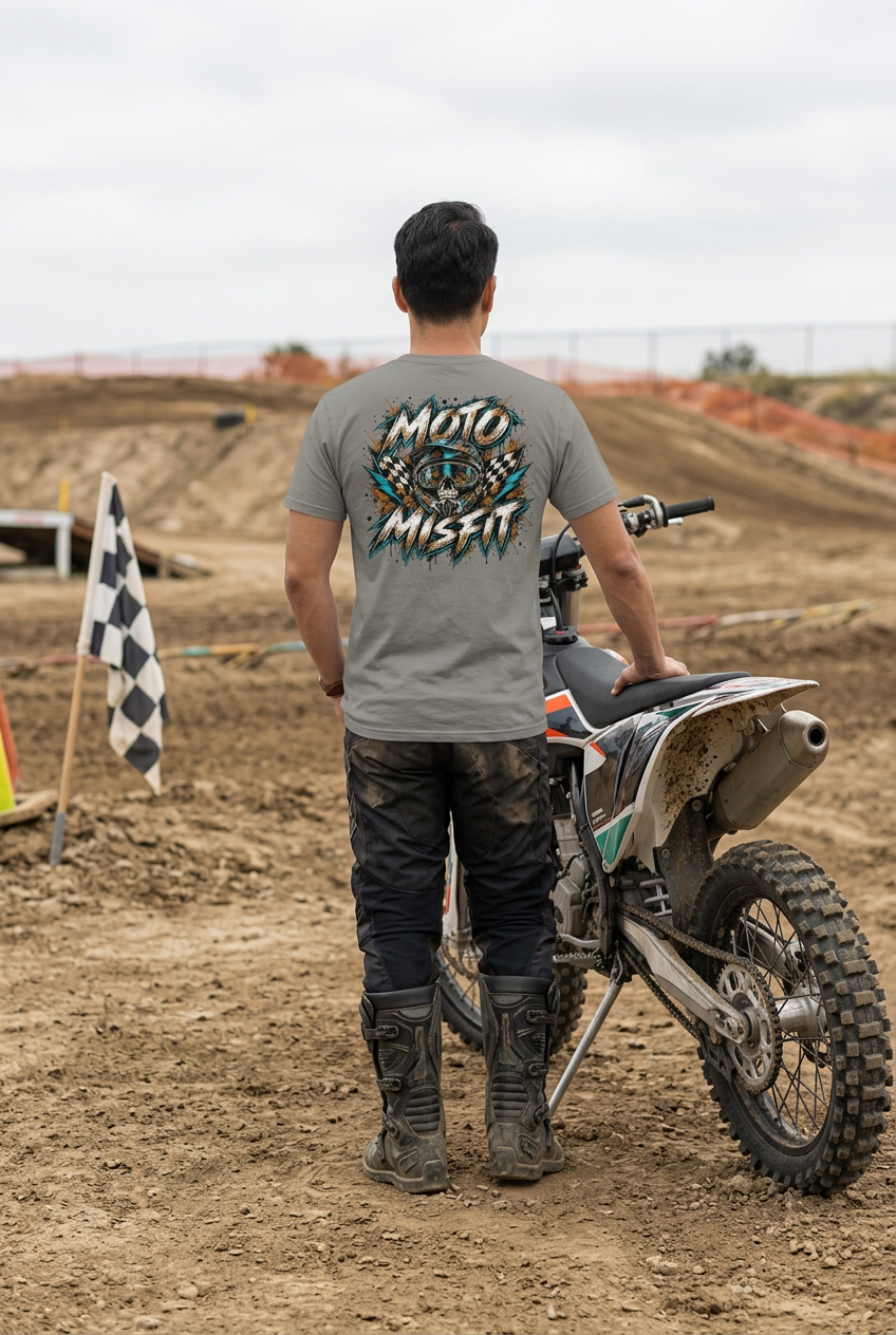 Shirt mockup on a person beside a dirt bike at a motocross track