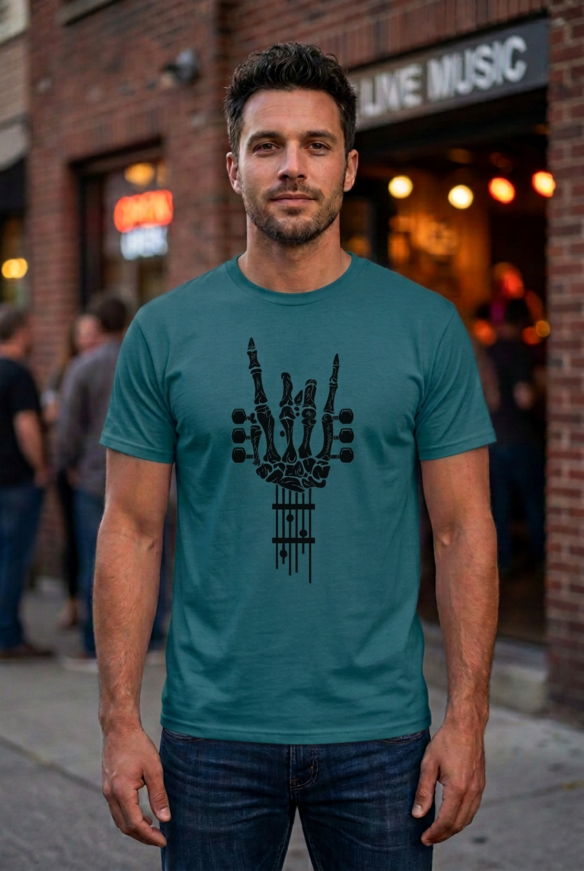 Skeleton guitar hand mockup on a dark teal tee