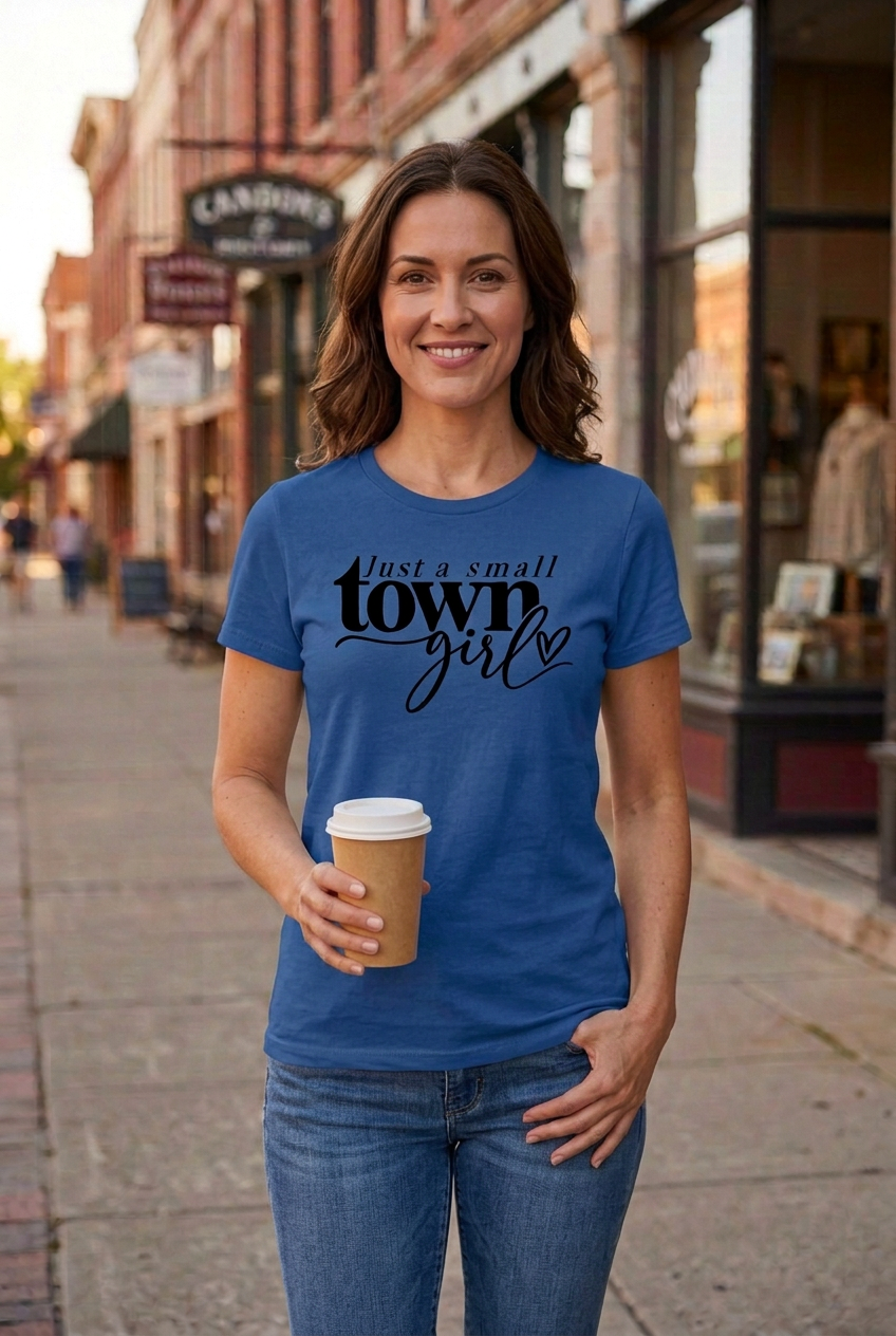 Small Town Girl dark-blue tee mockup with a different model