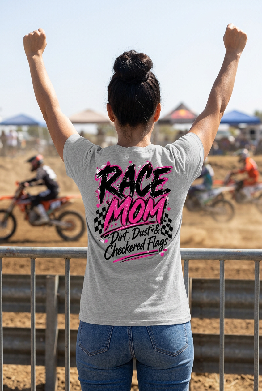 Woman cheering at a motocross track wearing the Race Mom tee